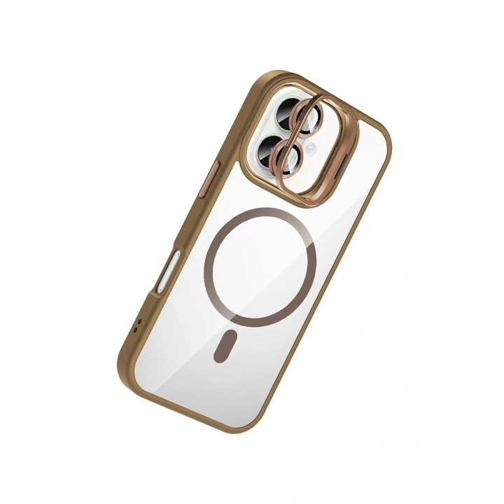 Mey İthalat®   iPhone 16 Remim Lensli Magsafe Standlı Kapak - Kahverengi