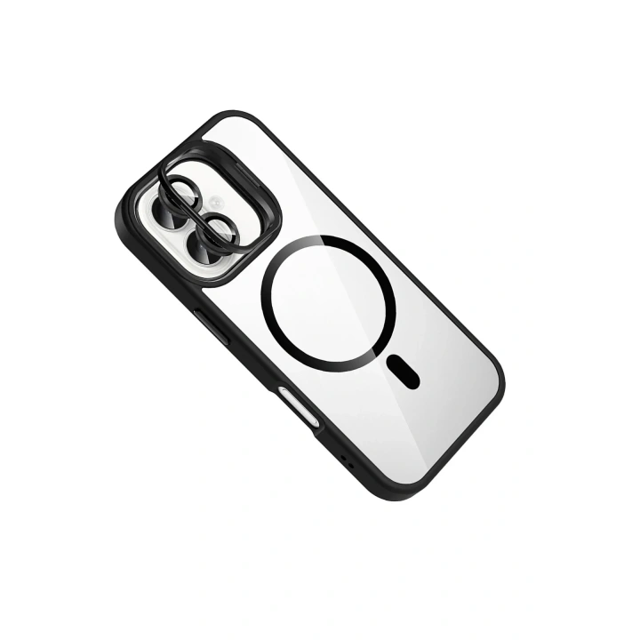 Mey İthalat®   iPhone 16 Remim Lensli Magsafe Standlı Kapak - Siyah