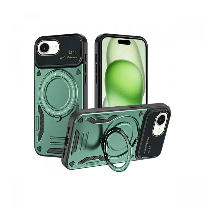 Mey İthalat®  iPhone 16E Kılıf Joy Lens Standlı Kapak - Koyu Yeşil