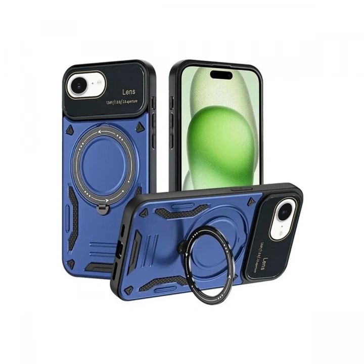 Mey İthalat®  iPhone 16E Kılıf Joy Lens Standlı Kapak - Lacivert