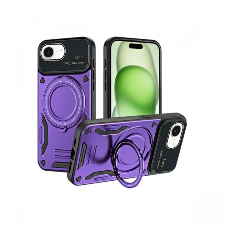 Mey İthalat®  iPhone 16E Kılıf Joy Lens Standlı Kapak - Mor