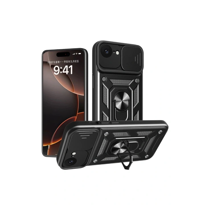 Mey İthalat®   iPhone 16E Kılıf Pars Lens Yüzüklü Silikon - Siyah