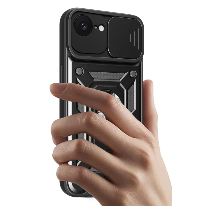 Mey İthalat®   iPhone 16E Kılıf Pars Lens Yüzüklü Silikon - Siyah