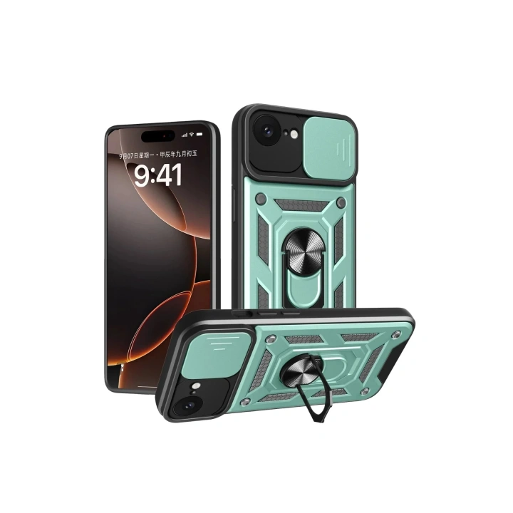 Mey İthalat®  iPhone 16E Kılıf Pars Lens Yüzüklü Silikon - Yeşil