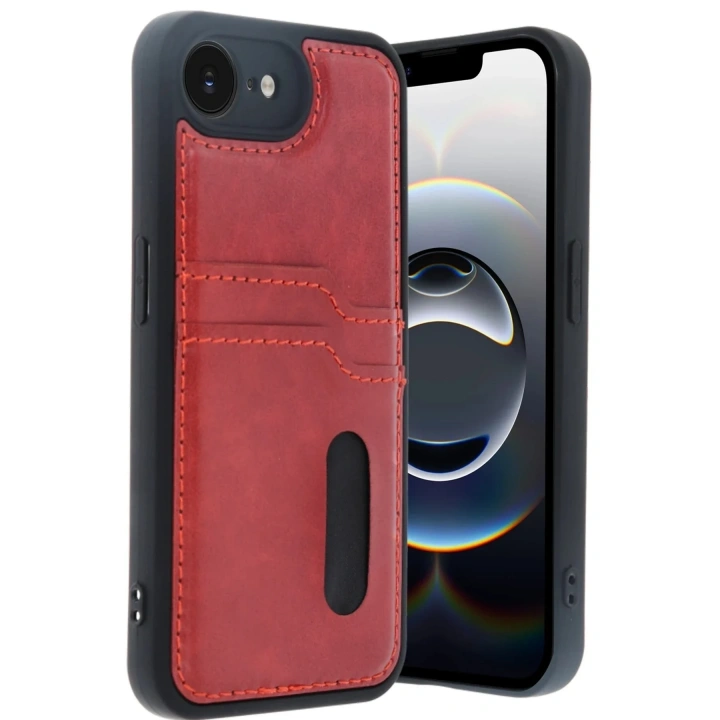Mey İthalat®  iPhone 16E Kılıf Sara Kartvizitli Deri Kılıf - Kırmızı