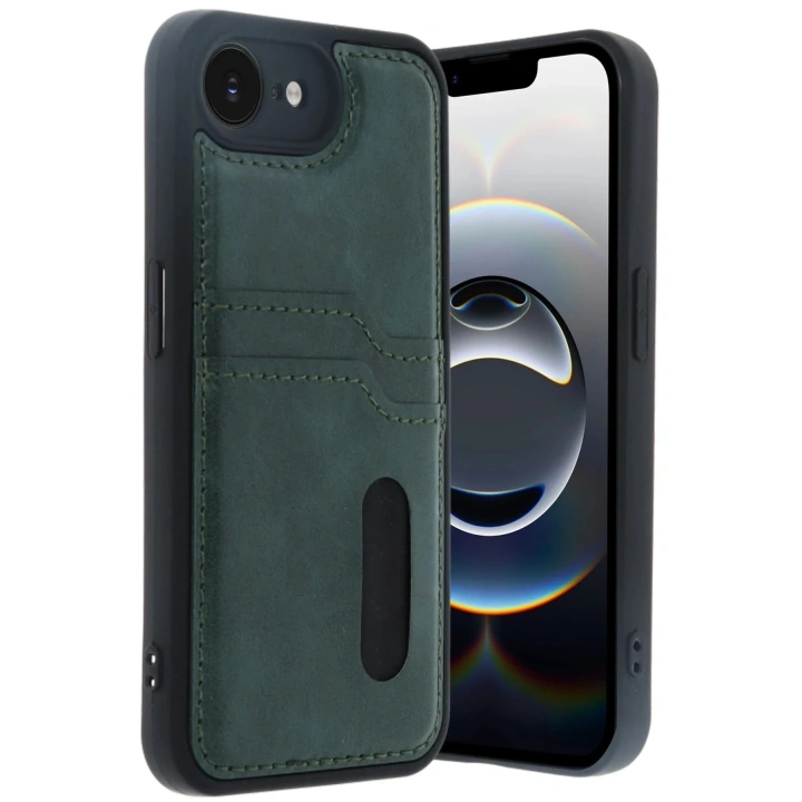 Mey İthalat®  iPhone 16E Kılıf Sara Kartvizitli Deri Kılıf - Koyu Yeşil