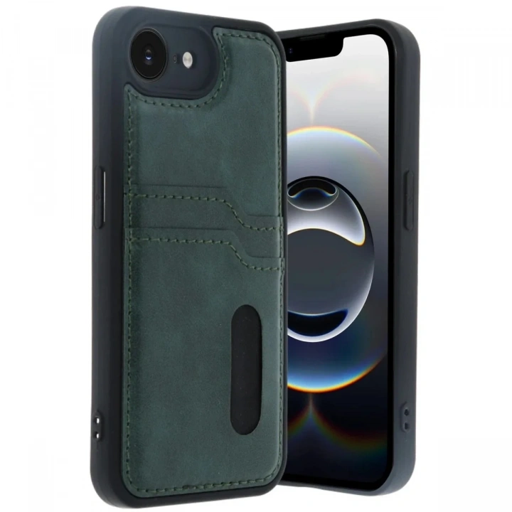 Mey İthalat®  iPhone 16E Kılıf Sara Kartvizitli Deri Kılıf - Koyu Yeşil