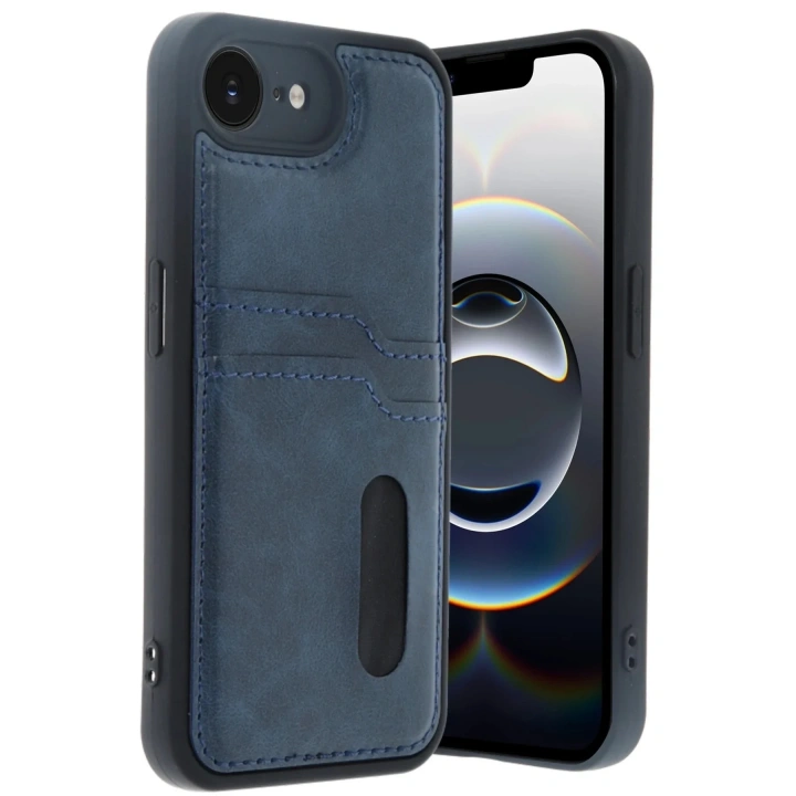Mey İthalat®  iPhone 16E Kılıf Sara Kartvizitli Deri Kılıf - Lacivert