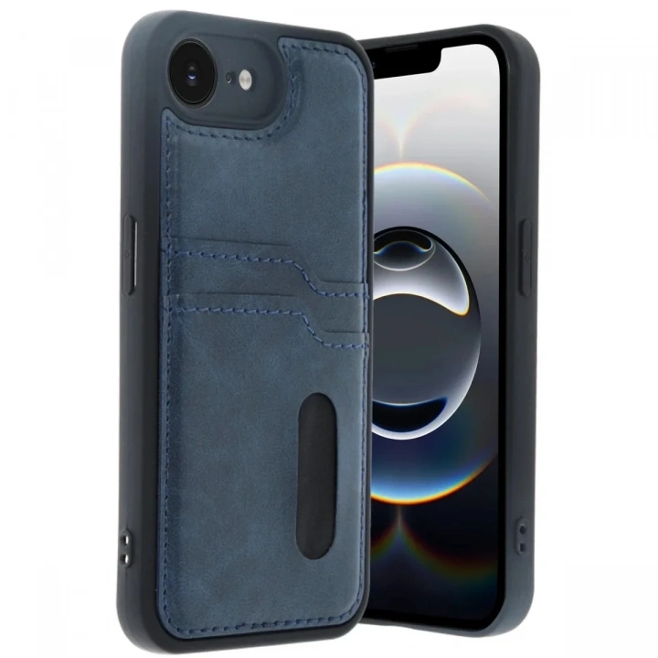 Mey İthalat®  iPhone 16E Kılıf Sara Kartvizitli Deri Kılıf - Lacivert