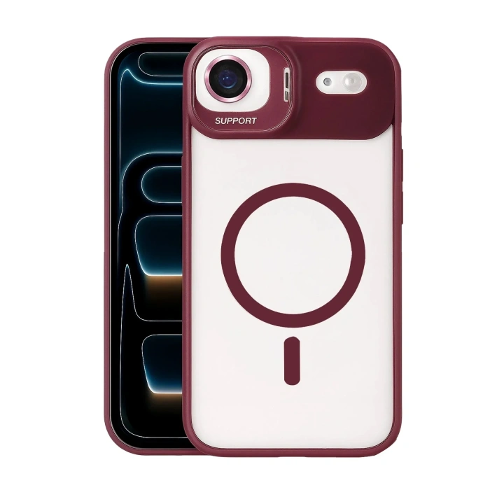 Mey İthalat®   iPhone 17 Air Remim Lensli Magsafe Standlı Kapak - Bordo