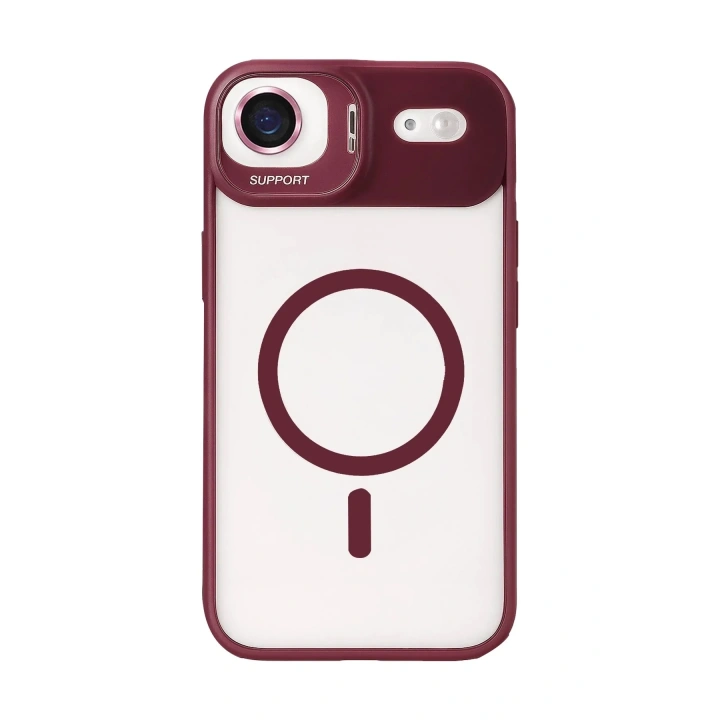 Mey İthalat®   iPhone 17 Air Remim Lensli Magsafe Standlı Kapak - Bordo