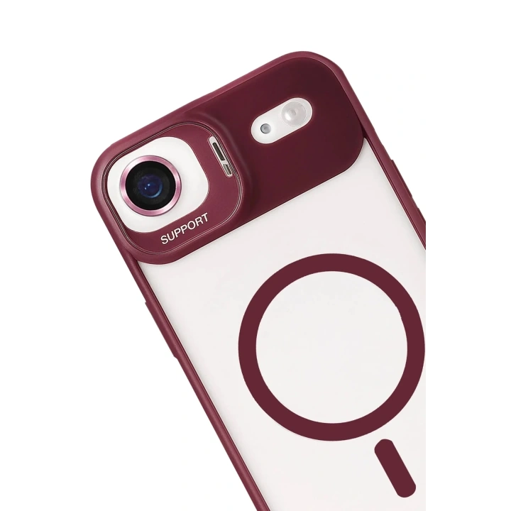 Mey İthalat®   iPhone 17 Air Remim Lensli Magsafe Standlı Kapak - Bordo