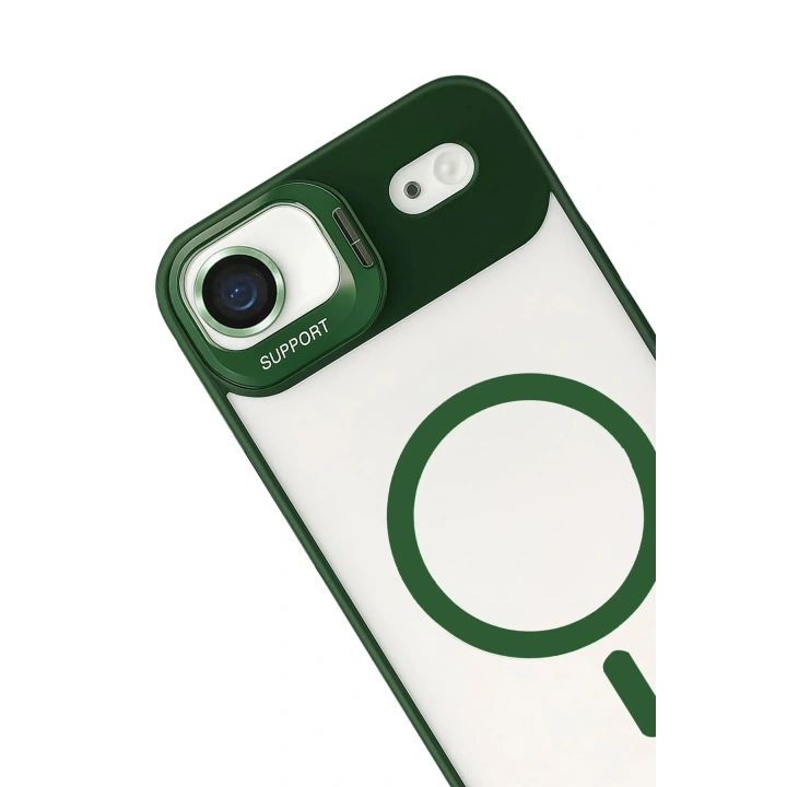Mey İthalat®   iPhone 17 Air Remim Lensli Magsafe Standlı Kapak - Koyu Yeşil