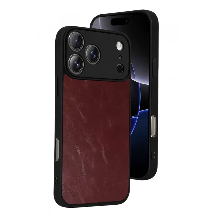 Mey İthalat®   iPhone 17 Pro Max Aras Deri Kapak - Bordo