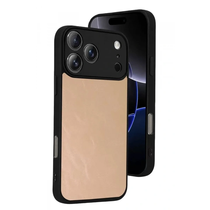 Mey İthalat®   iPhone 17 Pro Max Aras Deri Kapak - Pudra