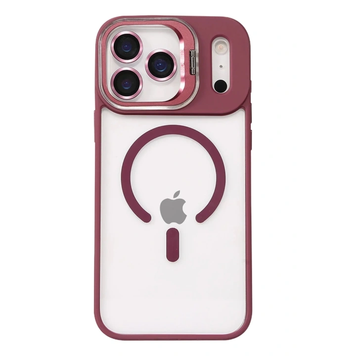 Mey İthalat®   iPhone 17 Pro Max Remim Lensli Magsafe Standlı Kapak - Bordo