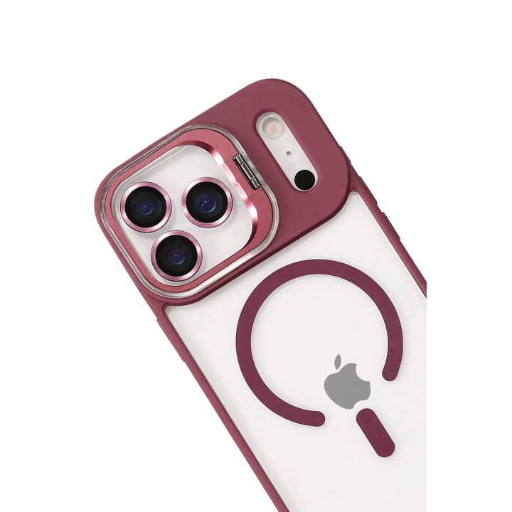 Mey İthalat®   iPhone 17 Pro Max Remim Lensli Magsafe Standlı Kapak - Bordo