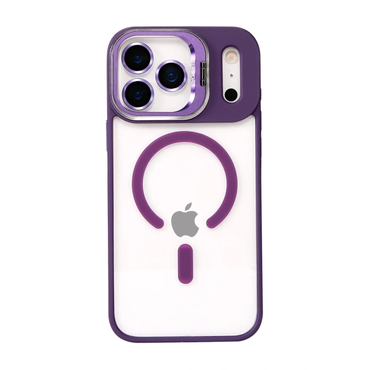 Mey İthalat®   iPhone 17 Pro Max Remim Lensli Magsafe Standlı Kapak - Derin Mor