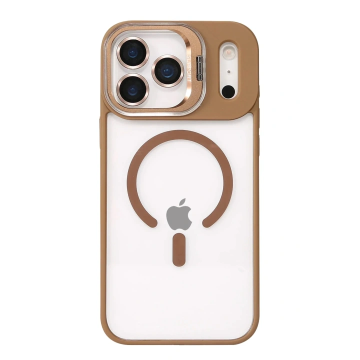 Mey İthalat®   iPhone 17 Pro Max Remim Lensli Magsafe Standlı Kapak - Kahverengi