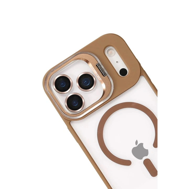 Mey İthalat®   iPhone 17 Pro Max Remim Lensli Magsafe Standlı Kapak - Kahverengi