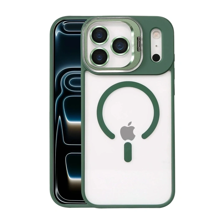 Mey İthalat®   iPhone 17 Pro Max Remim Lensli Magsafe Standlı Kapak - Koyu Yeşil