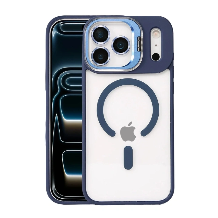 Mey İthalat®   iPhone 17 Pro Max Remim Lensli Magsafe Standlı Kapak - Lacivert