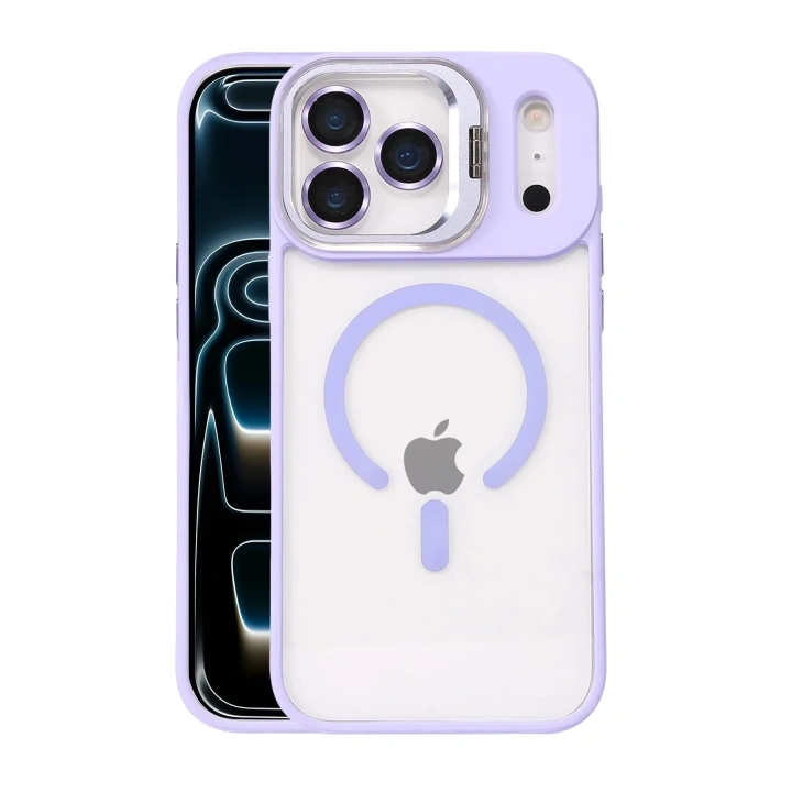 Mey İthalat®   iPhone 17 Pro Max Remim Lensli Magsafe Standlı Kapak - Lila