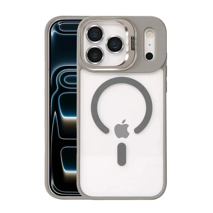 Mey İthalat®   iPhone 17 Pro Max Remim Lensli Magsafe Standlı Kapak - Titan Gri