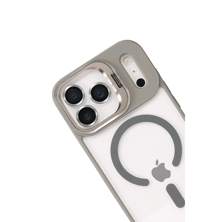 Mey İthalat®   iPhone 17 Pro Max Remim Lensli Magsafe Standlı Kapak - Titan Gri