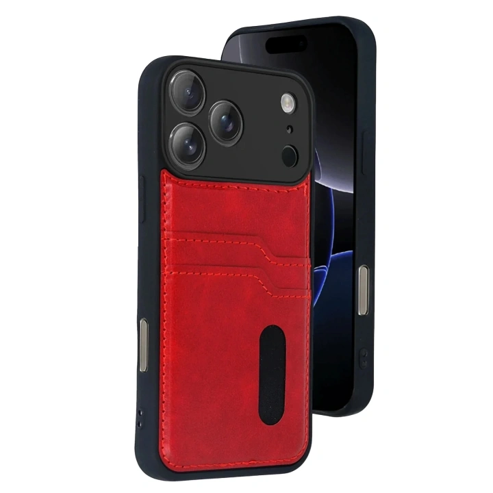 Mey İthalat®   iPhone 17 Pro Max Sara Kartvizitli Deri Kılıf - Kırmızı