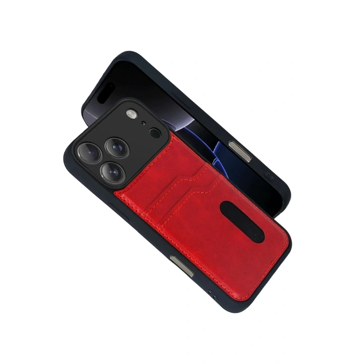 Mey İthalat®   iPhone 17 Pro Max Sara Kartvizitli Deri Kılıf - Kırmızı