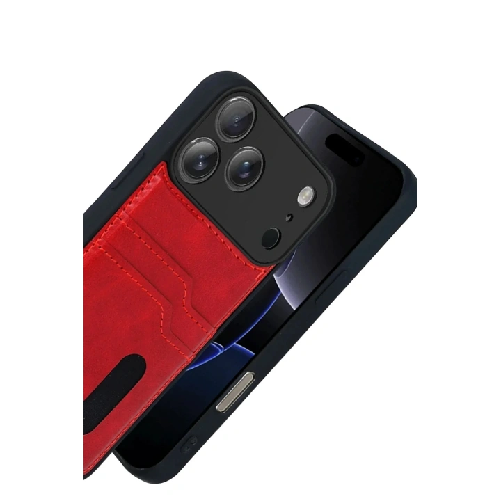 Mey İthalat®   iPhone 17 Pro Max Sara Kartvizitli Deri Kılıf - Kırmızı