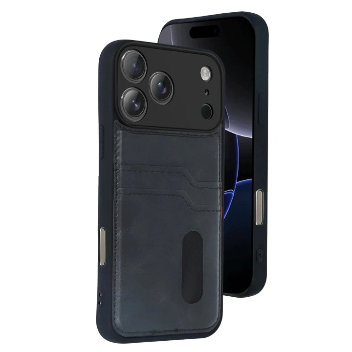 Mey İthalat®   iPhone 17 Pro Max Sara Kartvizitli Deri Kılıf - Siyah