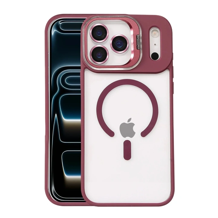 Mey İthalat®   iPhone 17 Pro Remim Lensli Magsafe Standlı Kapak - Bordo