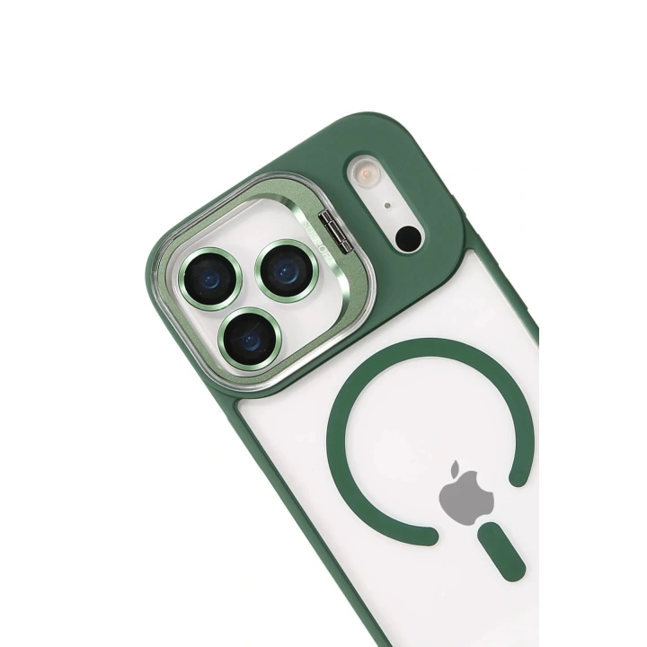 Mey İthalat®   iPhone 17 Pro Remim Lensli Magsafe Standlı Kapak - Koyu Yeşil