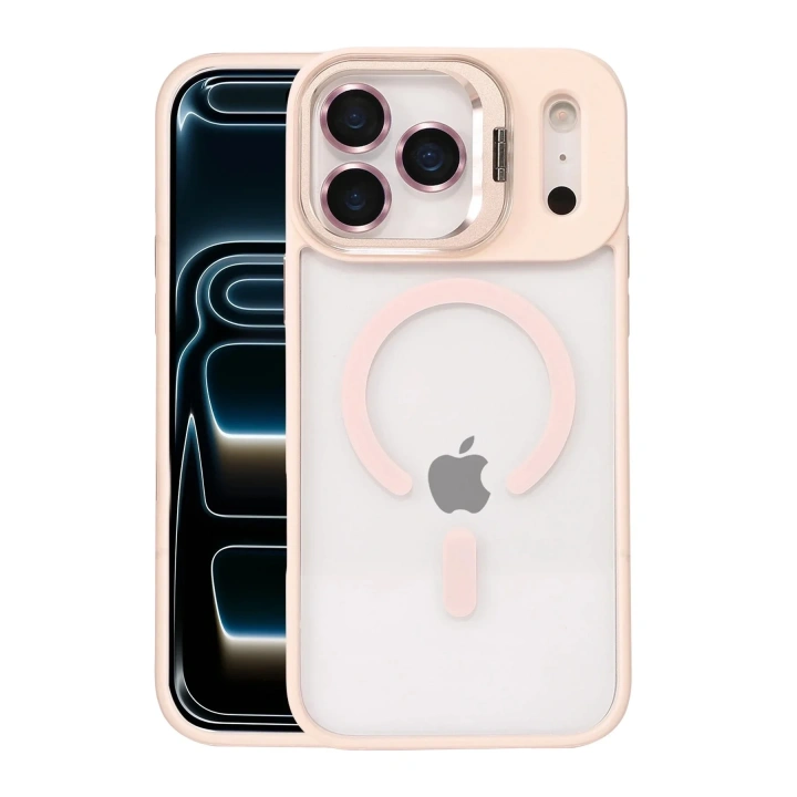 Mey İthalat®   iPhone 17 Pro Remim Lensli Magsafe Standlı Kapak - Pembe