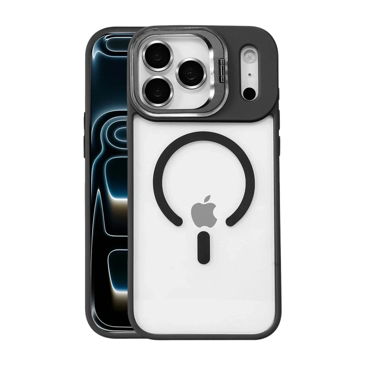 Mey İthalat®   iPhone 17 Pro Remim Lensli Magsafe Standlı Kapak - Siyah