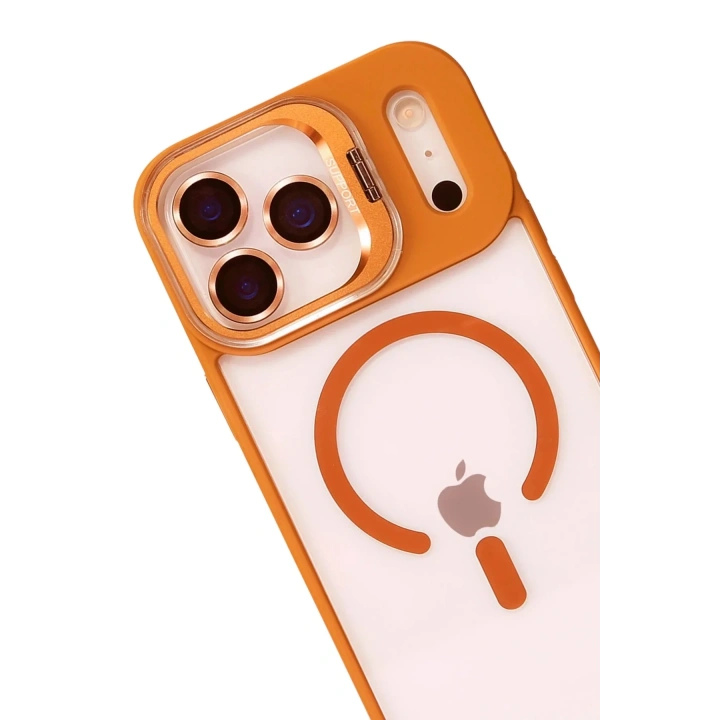 Mey İthalat®   iPhone 17 Pro Remim Lensli Magsafe Standlı Kapak - Turuncu