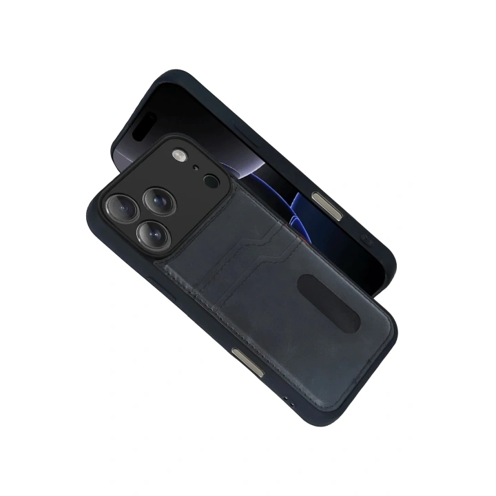 Mey İthalat®   iPhone 17 Pro Sara Kartvizitli Deri Kılıf - Siyah