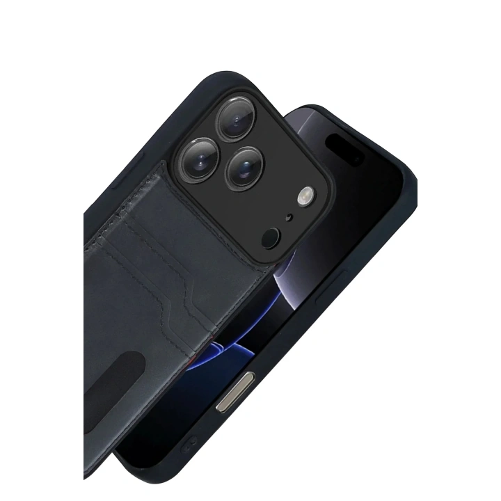 Mey İthalat®   iPhone 17 Pro Sara Kartvizitli Deri Kılıf - Siyah