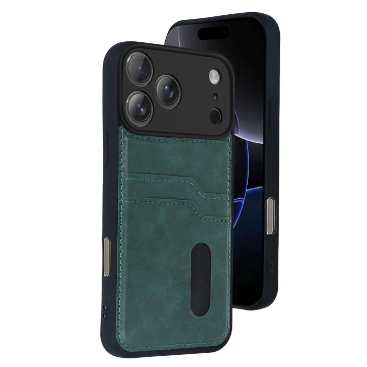 Mey İthalat®   iPhone 17 Pro Sara Kartvizitli Deri Kılıf - Yeşil