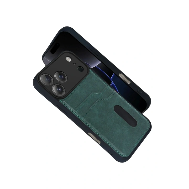 Mey İthalat®   iPhone 17 Pro Sara Kartvizitli Deri Kılıf - Yeşil