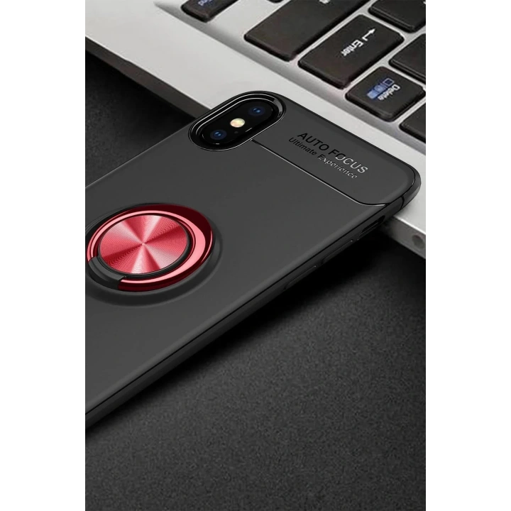 Mey İthalat®  iPhone XS Max Kılıf Range Yüzüklü Silikon - Siyah-Kırmızı