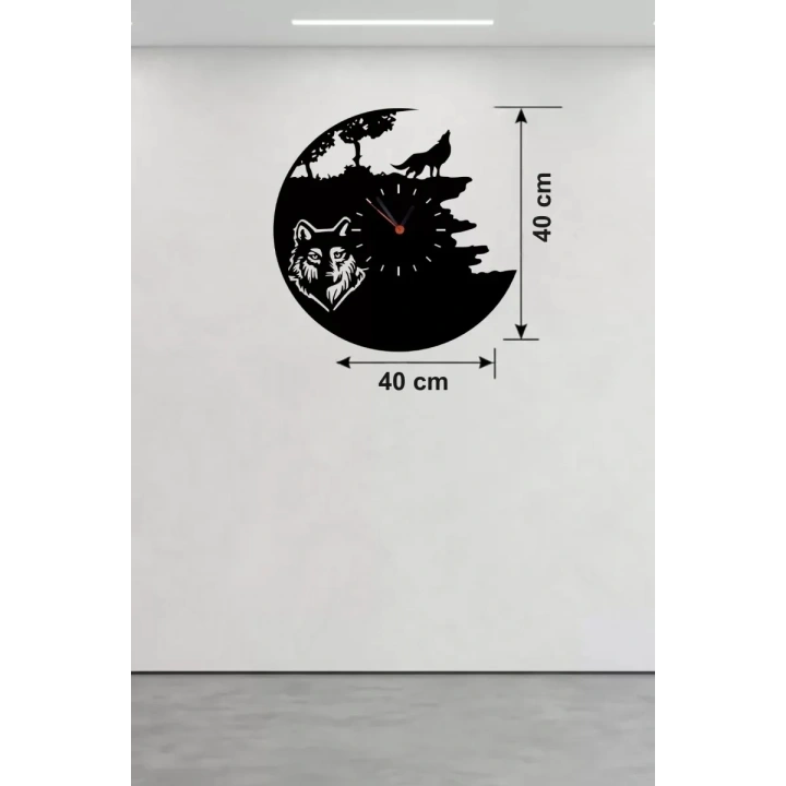 Mey İthalat® Kurt Temalı Lazer Kesim Ahşap Duvar Saati - 40x40 cm Dekoratif