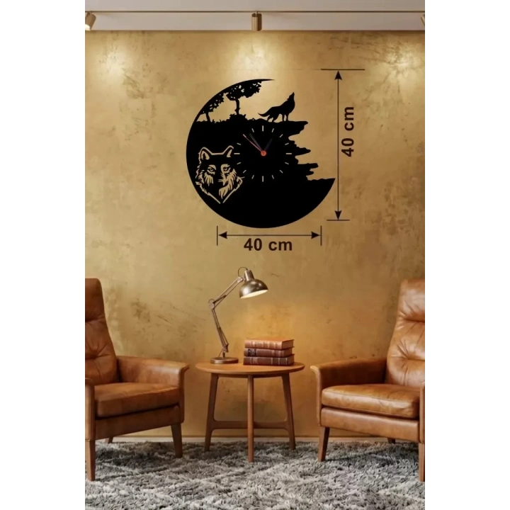 Mey İthalat® Kurt Temalı Lazer Kesim Ahşap Duvar Saati - 40x40 cm Dekoratif