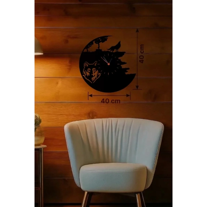 Mey İthalat® Kurt Temalı Lazer Kesim Ahşap Duvar Saati - 40x40 cm Dekoratif
