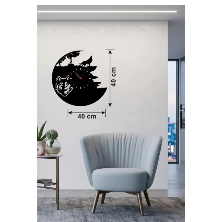 Mey İthalat® Kurt Temalı Lazer Kesim Ahşap Duvar Saati - 40x40 cm Dekoratif