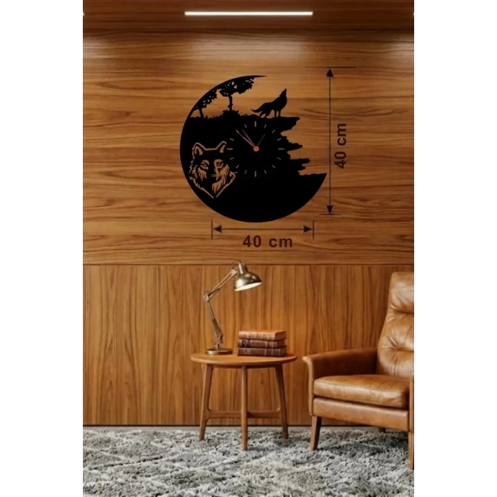 Mey İthalat® Kurt Temalı Lazer Kesim Ahşap Duvar Saati - 40x40 cm Dekoratif