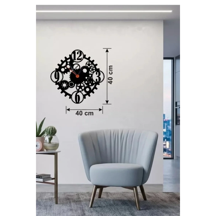 Mey İthalat® Mekanik Dişli Çark Tasarım Ahşap Duvar Saati - 40x40 cm Steampunk Dekor