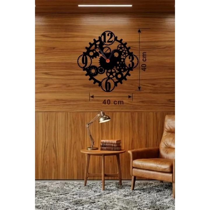 Mey İthalat® Mekanik Dişli Çark Tasarım Ahşap Duvar Saati - 40x40 cm Steampunk Dekor